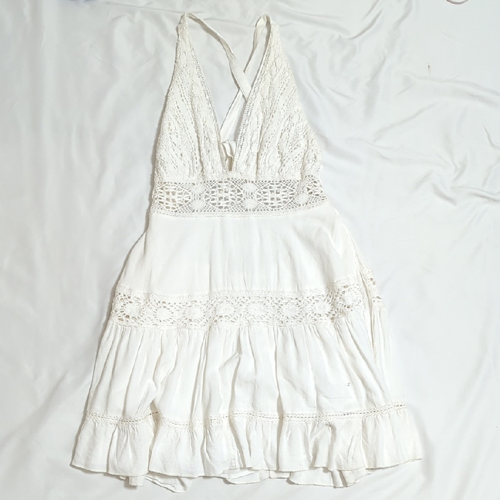 Free People Lace Halter Mini-Dress, Color Ivory Size XS-TP